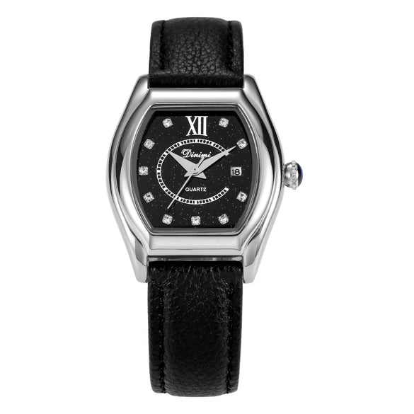 Women's Luxury Barrelshaped Quartz Watch Alloy Case Genuine Leather Strap Stainless Steel Buckle Mineral Reinforced Glass Mirror