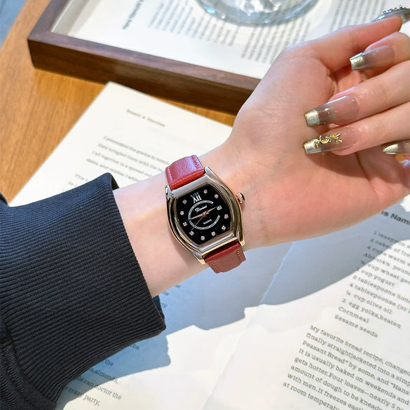 Women's Luxury Barrelshaped Quartz Watch Alloy Case Genuine Leather Strap Stainless Steel Buckle Mineral Reinforced Glass Mirror