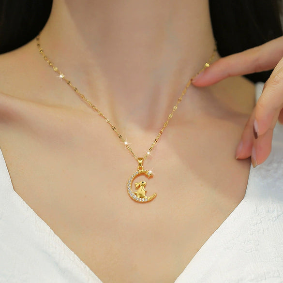 Women's Luxury Fashion Geometric Style Titanium Steel Necklace With Electroplating And Moon Rabbit Design
