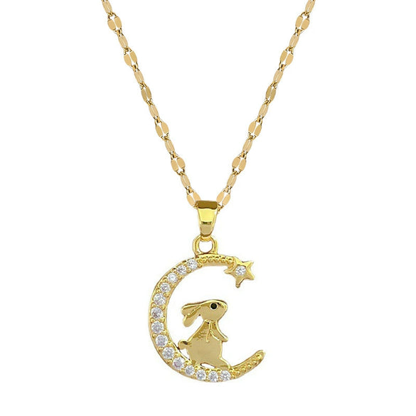 Women's Luxury Fashion Geometric Style Titanium Steel Necklace With Electroplating And Moon Rabbit Design