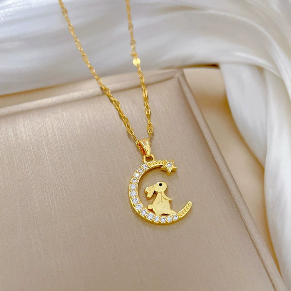 Women's Luxury Fashion Geometric Style Titanium Steel Necklace With Electroplating And Moon Rabbit Design