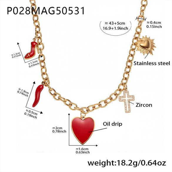 Women's Luxury Ferris Wheel Heart Cross Necklace With Geometric Pattern Made Of Stainless Steel Zircon Enamel Glaze And Titanium Steel Electroplated