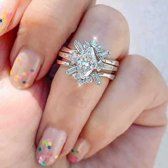 Women's Luxury Geometric Marquise Copper Zirconia Ring Threepiece Set Engagement Wedding Jewelry
