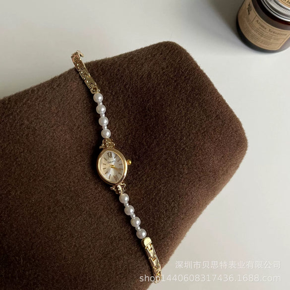 Women's Luxury Quartz Watch With Natural Freshwater Pearl Stainless Steel Strap Alloy Case Rose Gold Buckle And Round Dial