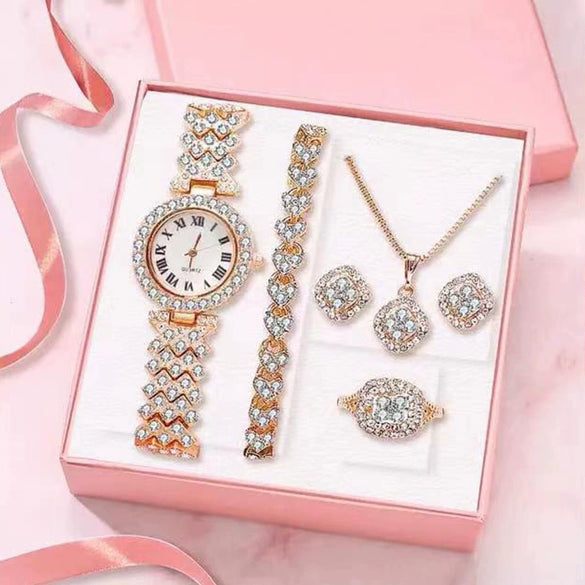 Women's Luxury Quartz Wrist Watch Alloy Material Round Dial Embedded With Diamond Fivepiece Gift Box Leisure Style