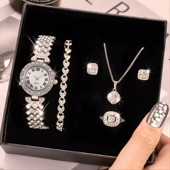 Women's Luxury Quartz Wrist Watch Alloy Material Round Dial Embedded With Diamond Fivepiece Gift Box Leisure Style