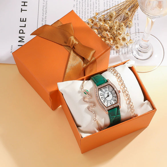 Women's Luxury Snakeshaped Alloy Bracelet Set Fashion Square Dial Jewelry Buckle Rose Gold Buckle