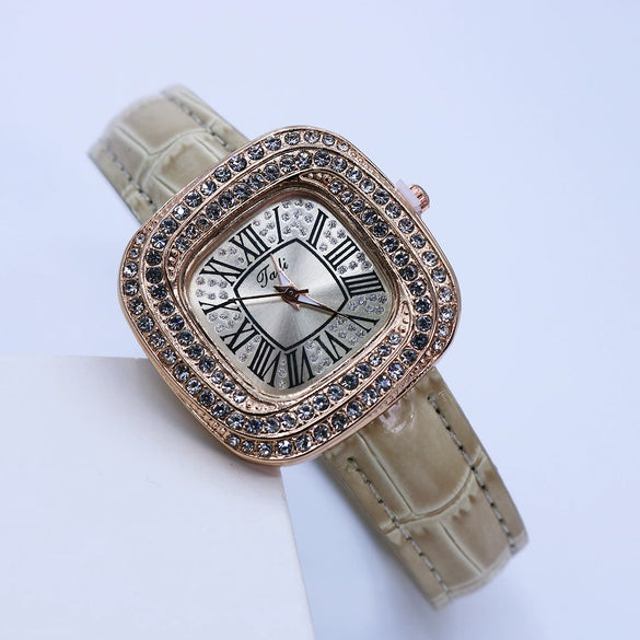 Women's Luxury Square Alloy Case Pu Strap Diamondembedded Watch With Roman Dial