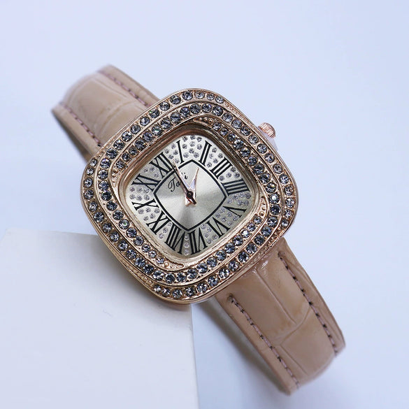 Women's Luxury Square Alloy Case Pu Strap Diamondembedded Watch With Roman Dial