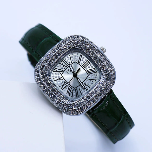 Women's Luxury Square Alloy Case Pu Strap Diamondembedded Watch With Roman Dial