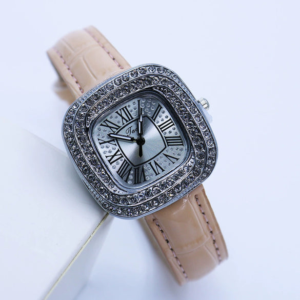 Women's Luxury Square Alloy Case Pu Strap Diamondembedded Watch With Roman Dial