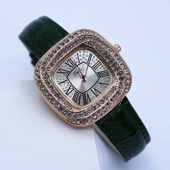 Women's Luxury Square Alloy Case Pu Strap Diamondembedded Watch With Roman Dial