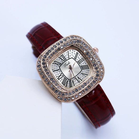 Women's Luxury Square Alloy Case Pu Strap Diamondembedded Watch With Roman Dial