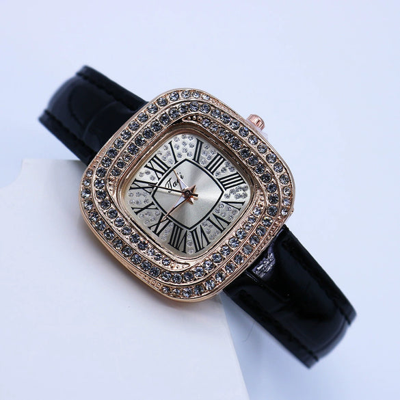 Women's Luxury Square Alloy Case Pu Strap Diamondembedded Watch With Roman Dial