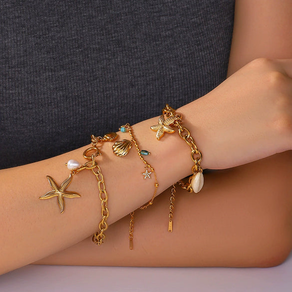 Women's Luxury Stainless Steel 18K Gold Plated Scallop Starfish Pearl Geometric Bracelet With Vacuum Plating In Furnace Process