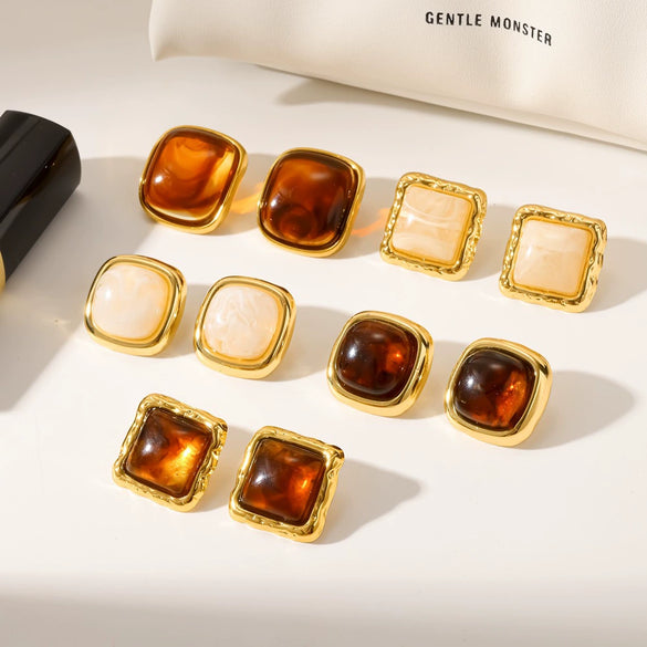 Women's Maillard Style Geometric Resin Earrings With Stainless Steel Posts And Pvd Real Gold Plated Finish