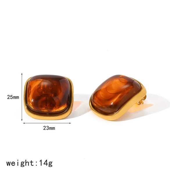 Women's Maillard Style Geometric Resin Earrings With Stainless Steel Posts And Pvd Real Gold Plated Finish