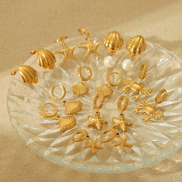 Women's Marine Stainless Steel Earrings With Crab Starfish Scallop Shapes And Electroplating Design