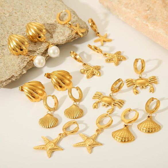 Women's Marine Stainless Steel Earrings With Crab Starfish Scallop Shapes And Electroplating Design