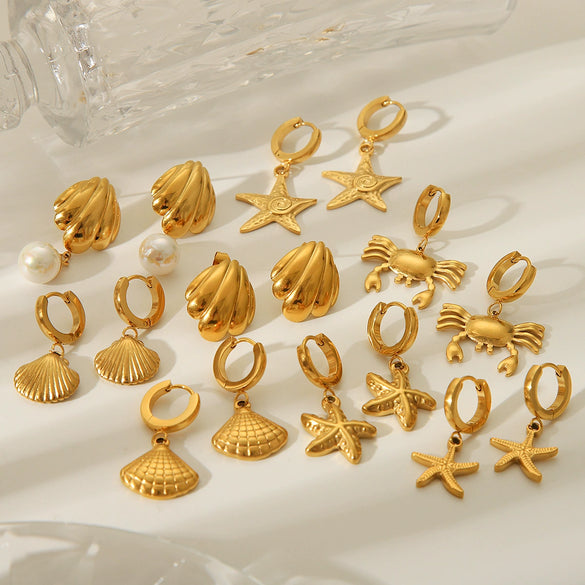 Women's Marine Stainless Steel Earrings With Crab Starfish Scallop Shapes And Electroplating Design
