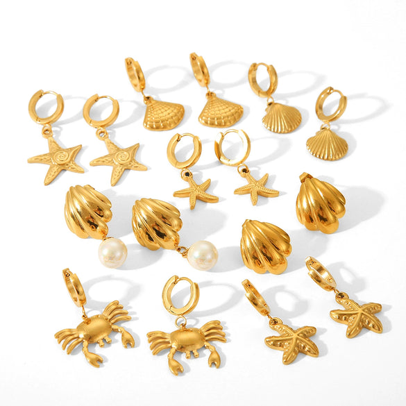Women's Marine Stainless Steel Earrings With Crab Starfish Scallop Shapes And Electroplating Design