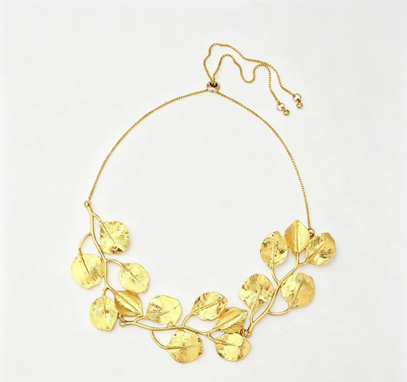 Women's Matte Goldtone Alloy Leaf Branch Choker Necklace With Polished Electroplated Finish And Adjustable Extension Chain