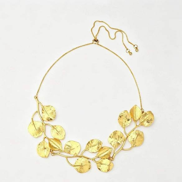 Women's Matte Goldtone Alloy Leaf Branch Choker Necklace With Polished Electroplated Finish And Adjustable Extension Chain