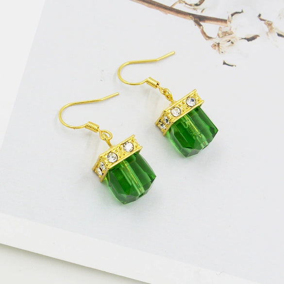 Women's Medieval Style Metal Drop Shaped Earrings With Blue Green Square Design Fashion Ear Jewelry