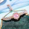 Women's Metal And Genuine Leather Fashion Leafset Diamond Round Gemstone Rectangle Dial Pullout Selfadjusting Bracelet Watch