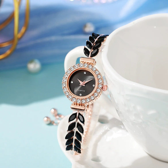 Women's Metal And Genuine Leather Fashion Leafset Diamond Round Gemstone Rectangle Dial Pullout Selfadjusting Bracelet Watch