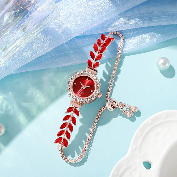 Women's Metal And Genuine Leather Fashion Leafset Diamond Round Gemstone Rectangle Dial Pullout Selfadjusting Bracelet Watch