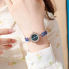 Women's Metal And Genuine Leather Fashion Leafset Diamond Round Gemstone Rectangle Dial Pullout Selfadjusting Bracelet Watch