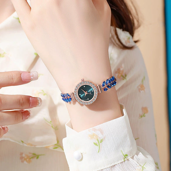 Women's Metal And Genuine Leather Fashion Leafset Diamond Round Gemstone Rectangle Dial Pullout Selfadjusting Bracelet Watch