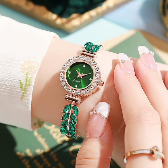 Women's Metal And Genuine Leather Fashion Leafset Diamond Round Gemstone Rectangle Dial Pullout Selfadjusting Bracelet Watch
