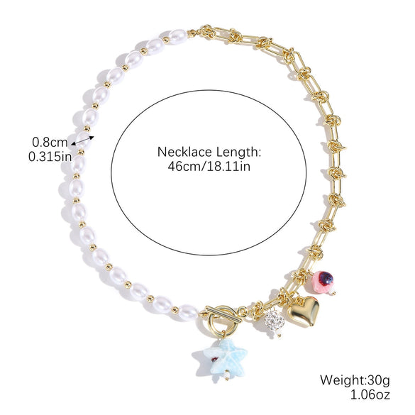 Women's Metal And Porcelain Heart Shape Love Pendant Clavicle Chain Necklace With Electroplating
