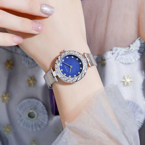 Women's Metal And Stainless Steel Milan Belt Mesh Belt Diamondencrusted Round Dial Watch With Horseshoe Buckle