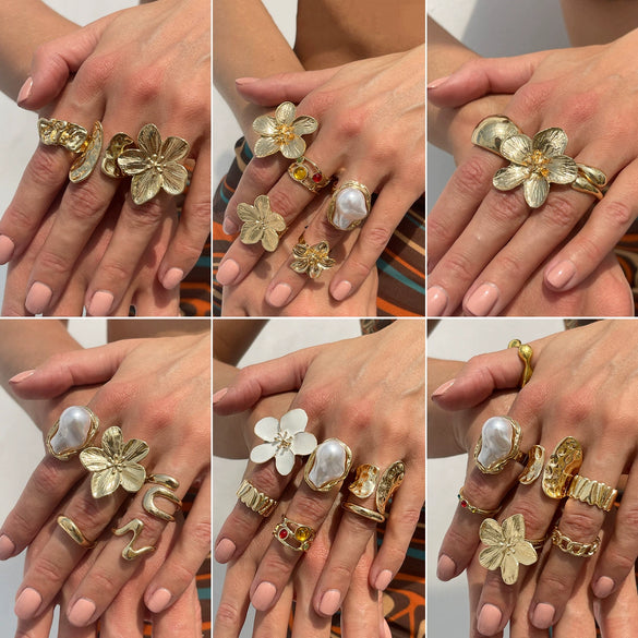 Women's Metal Baroque Style Geometric And Flower Pattern Electroplated Ring With Imitation Pearl And Gemstone