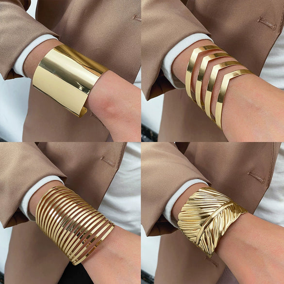 Women's Metal Bracelet Exaggerated Tribal Style Opening Carving Pattern Electroplated