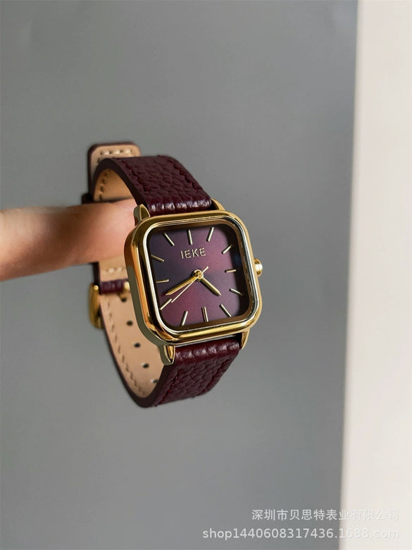 Women's Metal Case Square Dial Imitation Leather Strap Quartz Fashion Watch