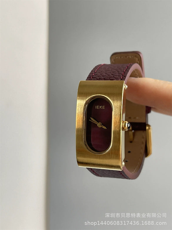 Women's Metal Case Square Dial Imitation Leather Strap Quartz Fashion Watch