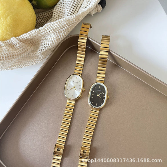 Women's Metal Chain And Stainless Steel Strap Watch With Oval Dial And Pointer Type Compact And Fashion Style