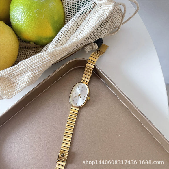 Women's Metal Chain And Stainless Steel Strap Watch With Oval Dial And Pointer Type Compact And Fashion Style