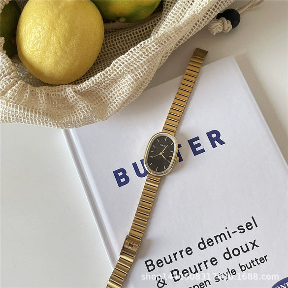 Women's Metal Chain And Stainless Steel Strap Watch With Oval Dial And Pointer Type Compact And Fashion Style