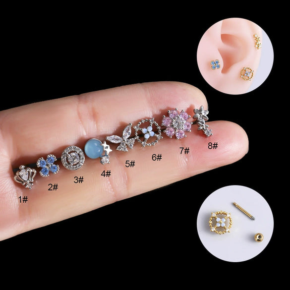 Women's Metal Double Head Screw Thin Rod Zircon Ear Nail With Flower Design And Electroplating