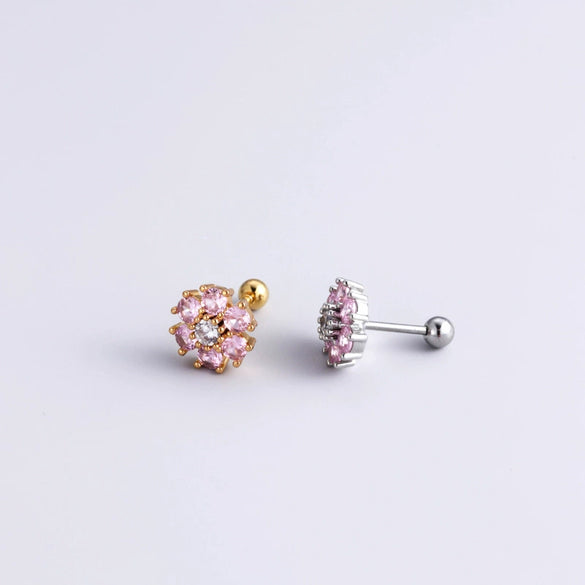 Women's Metal Double Head Screw Thin Rod Zircon Ear Nail With Flower Design And Electroplating