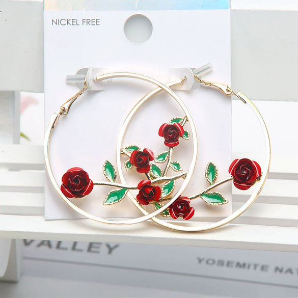 Women's Metal Fashion Large Round Exaggerated Earrings With Flower Pattern And Electroplating Design