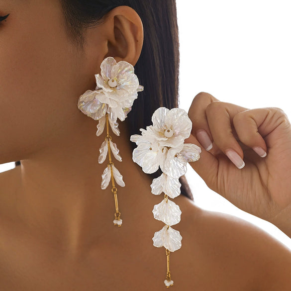 Women's Metal Flower Scallop Tassel Electroplated Earrings