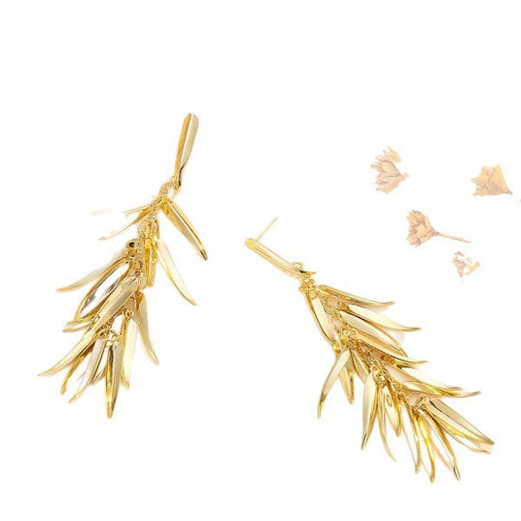 Women's Metal Flower Wheat Tassel Drop Earrings With Electroplated Finish Exaggerated Statement Design And Versatile Fashion Style