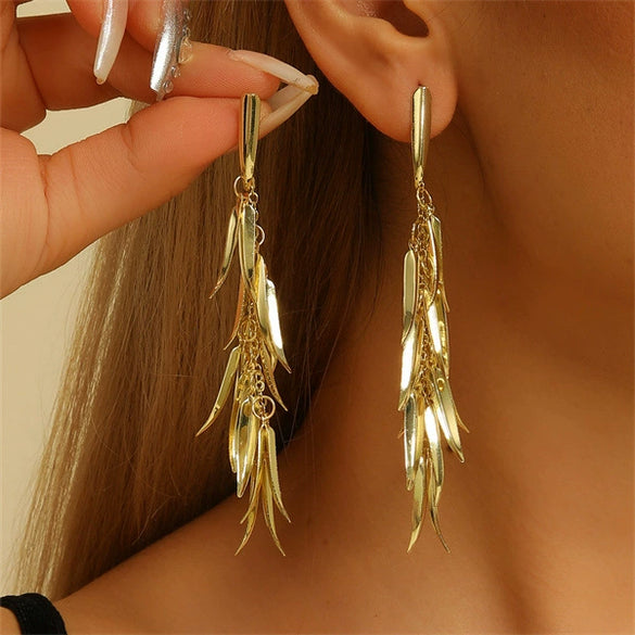 Women's Metal Flower Wheat Tassel Drop Earrings With Electroplated Finish Exaggerated Statement Design And Versatile Fashion Style