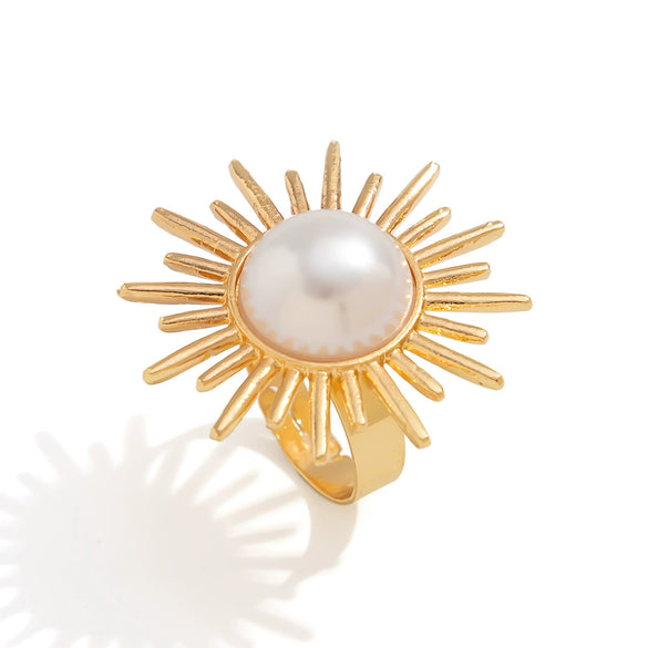 Women's Metal Geometric Open Ring With Beating Pattern And Imitation Pearl Electroplated
